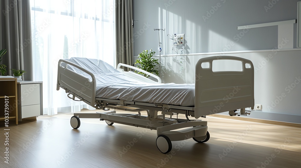 A hospital bed with white sheets is positioned in a hospital room, with a window in the background and a wooden side table. A hospital bed with white sheets is positioned in a hospital room, with a window in the background and a wooden side table.