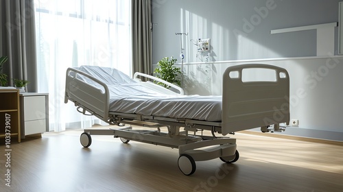 A hospital bed with white sheets is positioned in a hospital room, with a window in the background and a wooden side table.