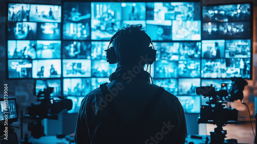 Cinematographer managing multiple cameras in a control room with a wall of monitors showing different angles.