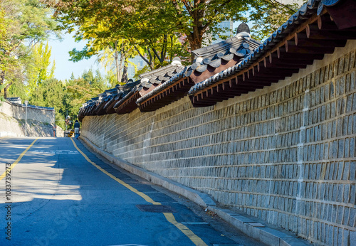 The stone walls of Deoksugung in Seoul, South Korea photo