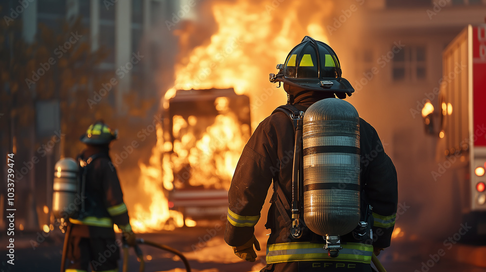 Professional firefighter service battling a fire. Professional firefighter service battling a fire.