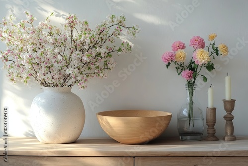 Wallpaper Mural Minimalist composition of spring living room interior with copy space, wooden bench, stylish glass vases with green leaves, flowers, sprinkler, book and personal accessories. Home decor, Generative AI Torontodigital.ca