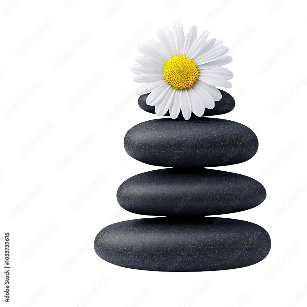 Balanced stones with a daisy, white isolate background for relaxation and harmony. Balanced stones with a daisy, white isolate background for relaxation and harmony.