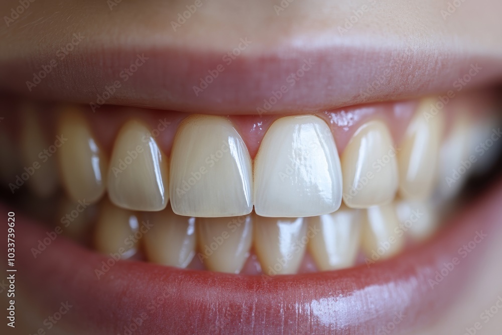 Fototapeta premium A close-up image of a smiling person showcasing white, well-aligned teeth and healthy gums, highlighting dental hygiene and aesthetics