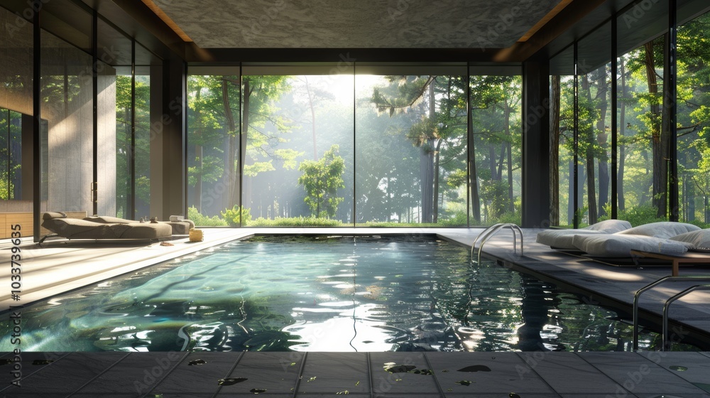 Fototapeta premium Modern indoor pool with a minimalist aesthetic, expansive windows providing a view of a serene forest