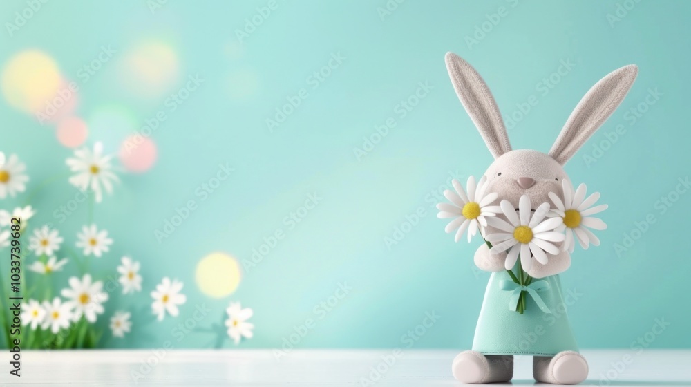 Fototapeta premium Adorable plush Easter bunny holding daisies with bokeh and soft blue background