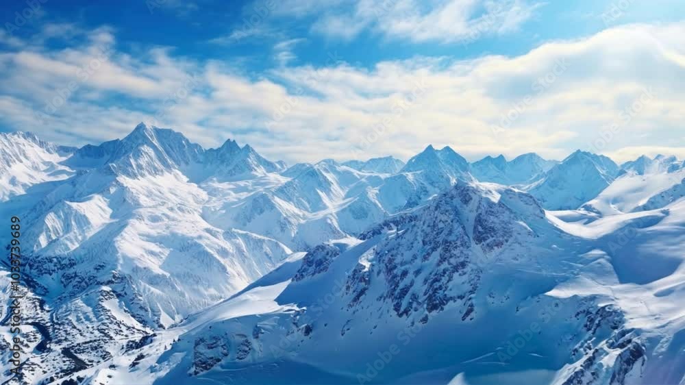 The picturesque mountains were covered in a layer of pristine white snow with soft sunlight. The picturesque mountains were covered in a layer of pristine white snow with soft sunlight.