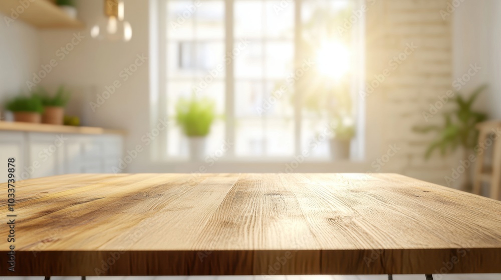 Wooden table with a soft-focus kitchen background, offering a bright, homey setting for product presentations or advertisements. Wooden table with a soft-focus kitchen background, offering a bright, homey setting for product presentations or advertisements.