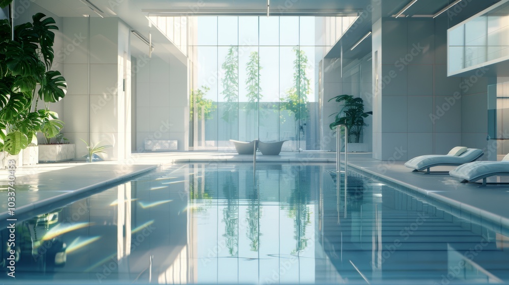 Fototapeta premium Modern indoor pool with a sleek design, featuring clean lines and large glass panels