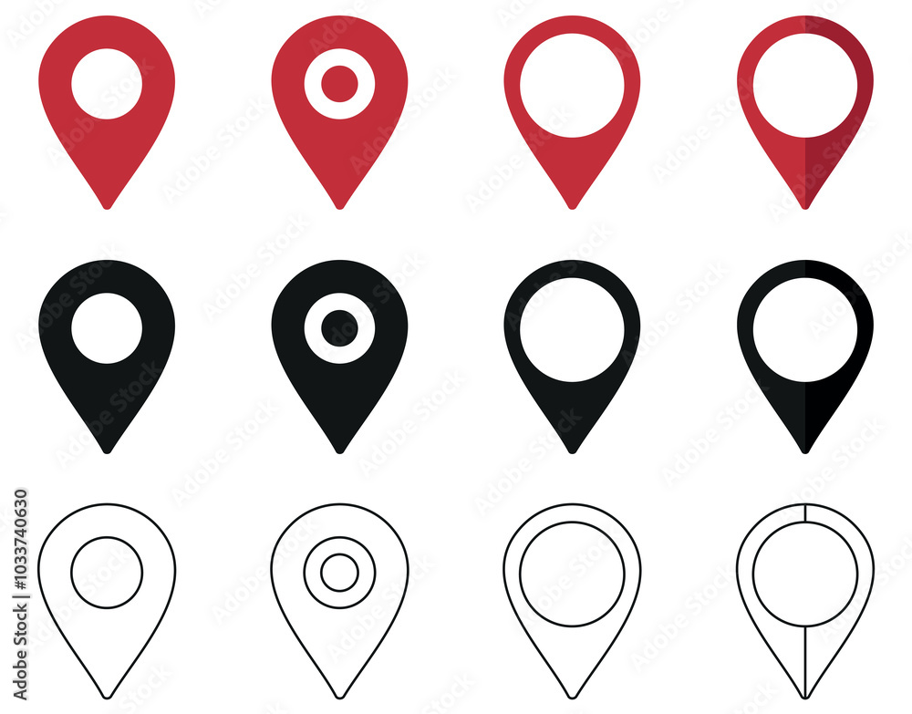 Set of map pin location icons. Modern map markers .Vector illustration on a white background.
Set of map pin location icons. Modern map markers .Vector illustration on a white background.