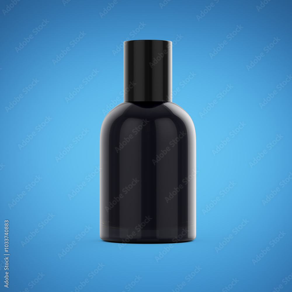 Shiny Black Closed Perfume Spray Bottle With Cap Isolated On Blue Background 3D Illustration Shiny Black Closed Perfume Spray Bottle With Cap Isolated On Blue Background 3D Illustration