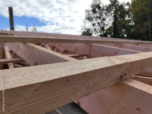 Wooden beams in the early stages of construction, against a backdrop of cloudy sky and trees, capturing the rugged texture of fresh lumber