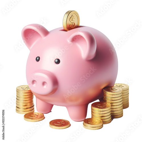 Pink piggy bank money box with gold coins. 3D Rendering isolated on white background