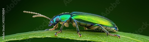 Vibrant green beetle resting on a leaf against a soft blurred green background. photo