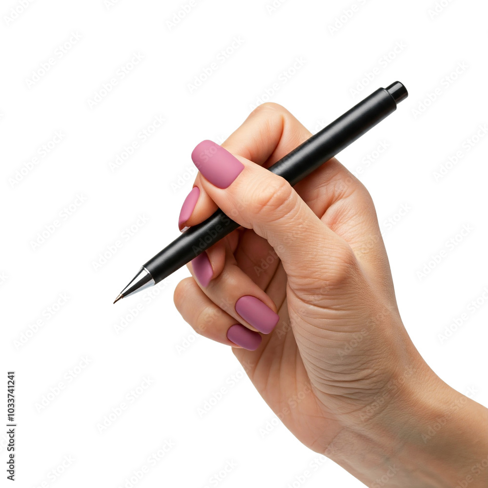 hand holding a pen, White background with female hand holding black ballpoint pen hand holding a pen, White background with female hand holding black ballpoint pen