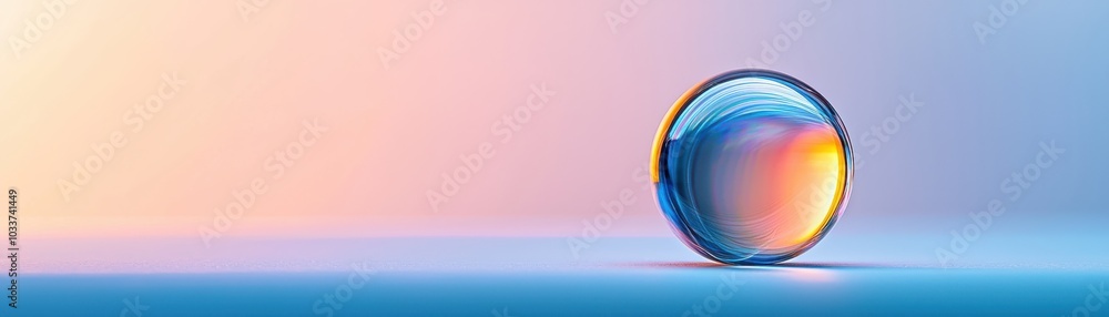 Colorful glass sphere on a smooth surface with a pastel gradient background. Colorful glass sphere on a smooth surface with a pastel gradient background.