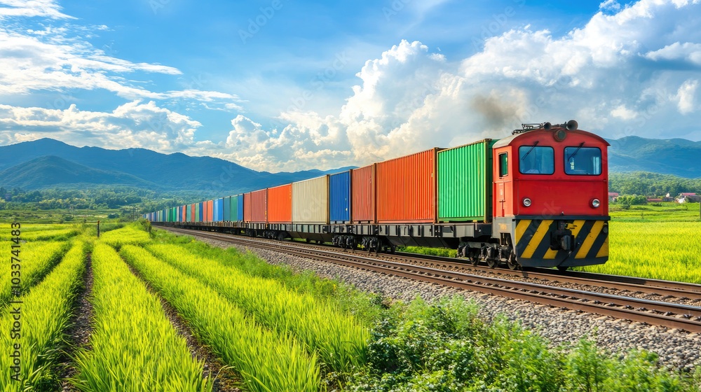 Railway freight train with colorful containers, traveling through lush green fields with mountains visible in the distance --chaos Railway freight train with colorful containers, traveling through lush green fields with mountains visible in the distance --chaos