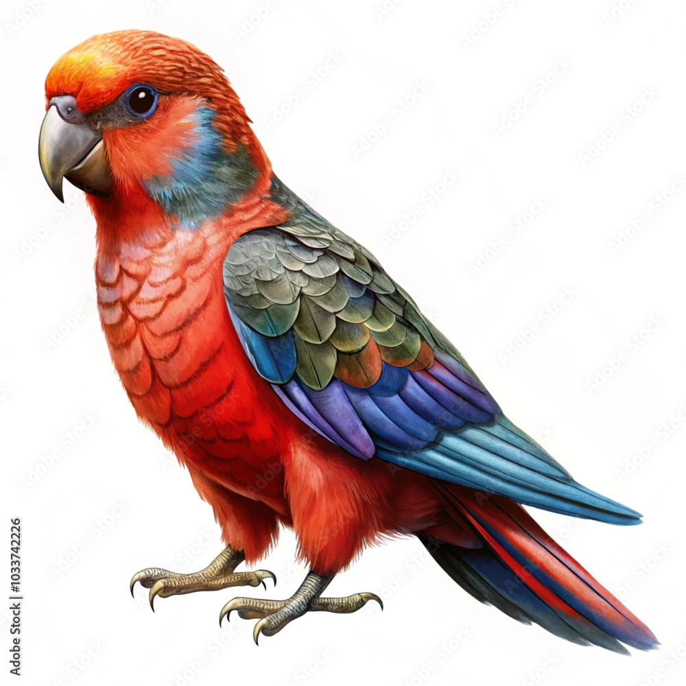 Obraz premium Australian king parrot standing sideways showing tail isolated on a white background