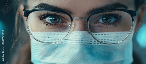 Close-up Portrait of a Woman Wearing Glasses and a Mask photo