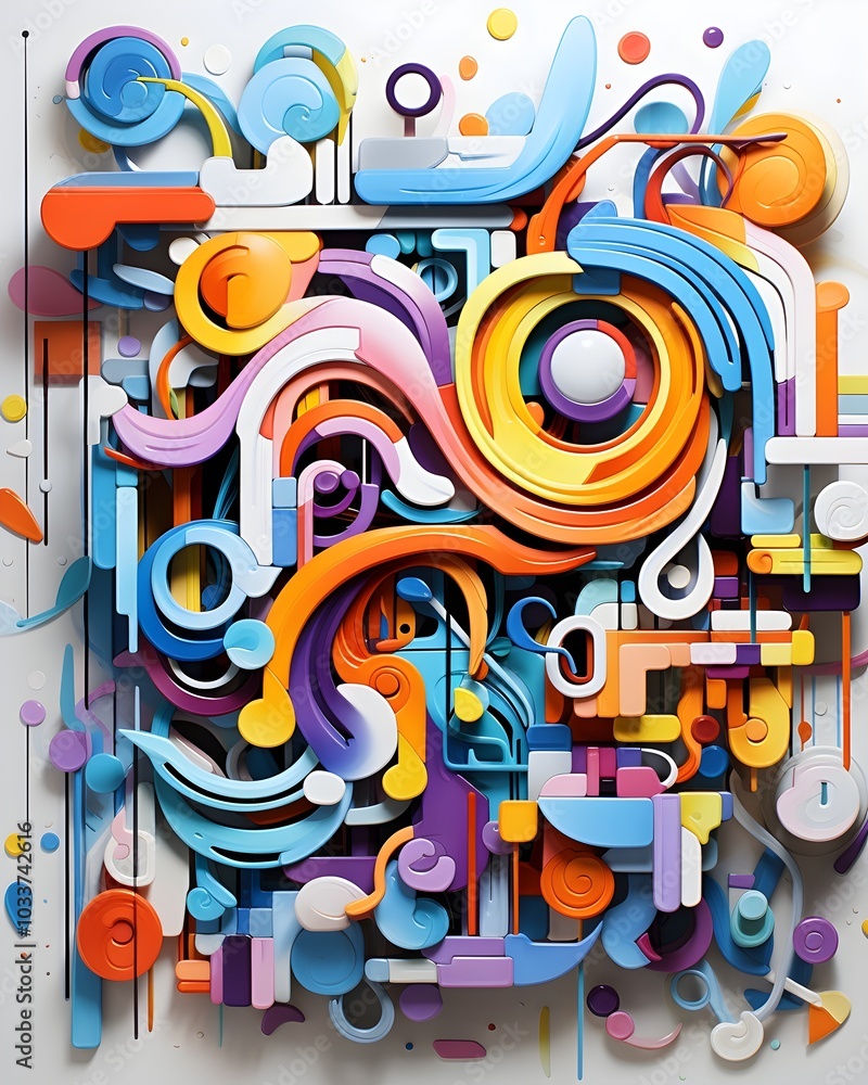 Fototapeta premium This colorful abstract artwork features swirling geometric shapes and bold colors, including orange, blue, purple, and yellow, creating a dynamic and fluid composition.
