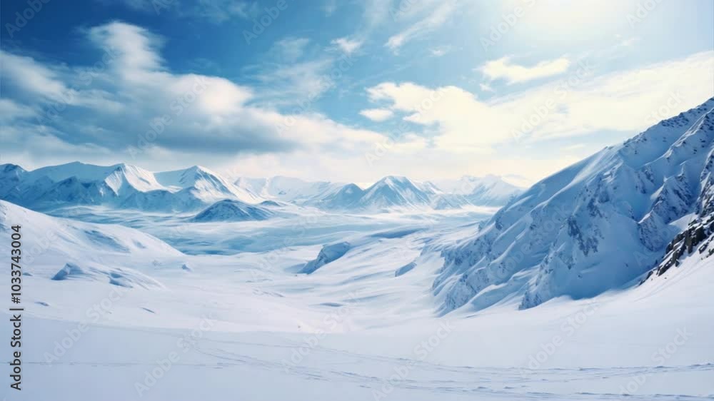 The picturesque mountains were covered in a layer of pristine white snow with soft sunlight. The picturesque mountains were covered in a layer of pristine white snow with soft sunlight.