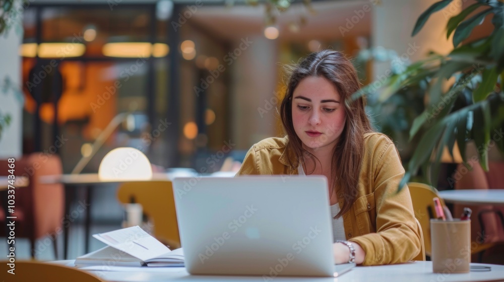 Focused young woman working on laptop in modern office setting with plants and notebooks Focused young woman working on laptop in modern office setting with plants and notebooks