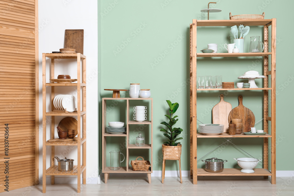 Wooden storage stands and shelving unit with kitchenware near green wall indoors Wooden storage stands and shelving unit with kitchenware near green wall indoors