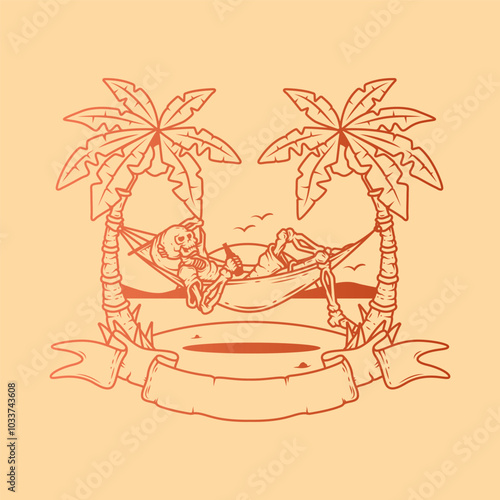 Original vector illustration. Skeleton on the beach in a hammock with the sea in the background.