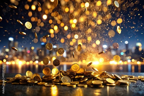 Golden Rain of Coins in Night Photography, Captivating Financial Wealth and Prosperity, Shimmering Currency Falling, Magical Atmosphere of Abundance and Success