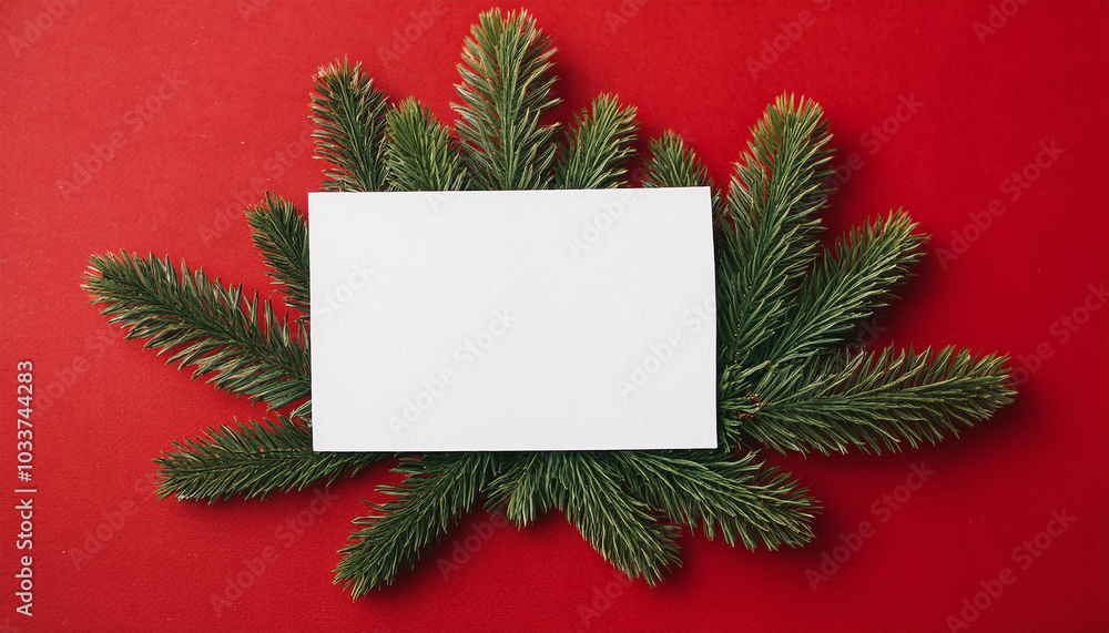 Holiday card mockup template with fir branches on red. Seasonal greetings. Blank postcard design Holiday card mockup template with fir branches on red. Seasonal greetings. Blank postcard design