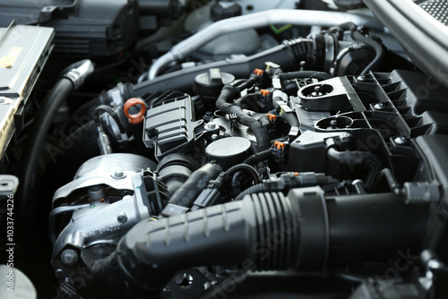 Closeup view of car engine in modern auto