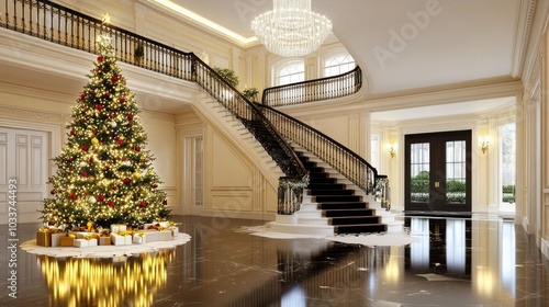 The grand staircase welcomes guests with sparkling white Christmas balls and silver accents, enhancing the luxurious atmosphere of this opulent mansion entrance