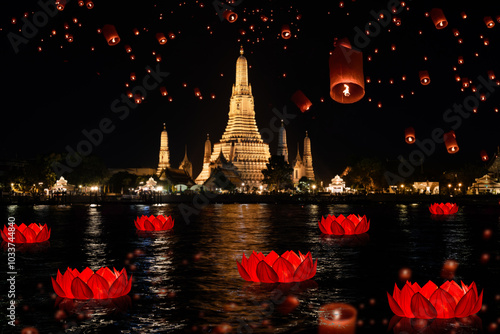 Loy krathong festival and floating lantern at blurred wat arun background.Vector illustration. photo