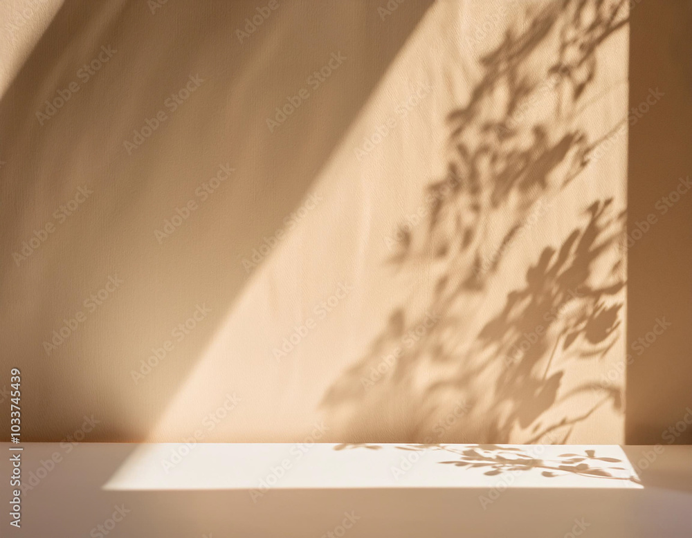 Background image for design or product presentation, with a play of light and shadow, in light, warm neutral tones