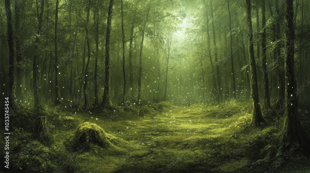 Enchanting Forest Path with Fireflies and Glowing Light Enchanting Forest Path with Fireflies and Glowing Light