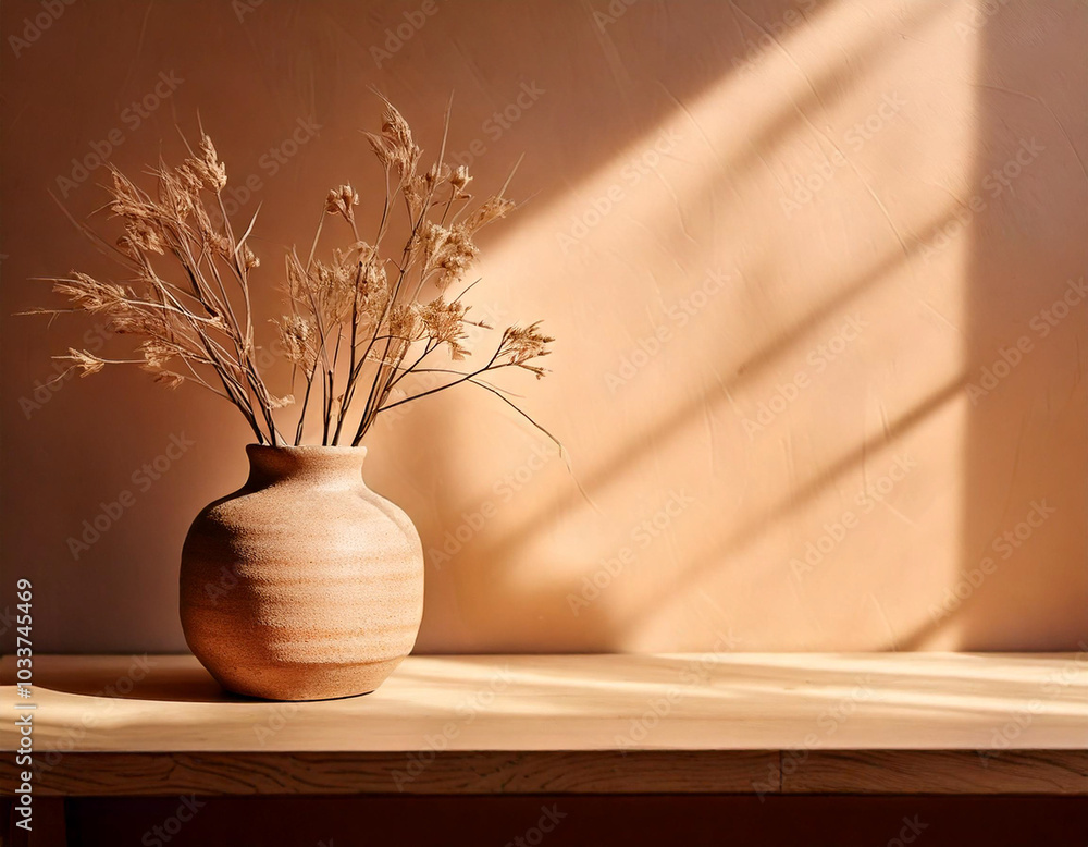 Background image for design or product presentation, with a play of light and shadow, in light, warm neutral tones