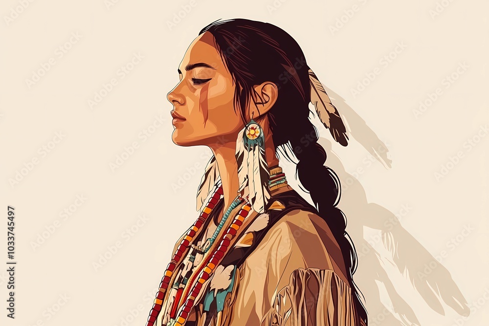 Fototapeta premium Indigenous Native American woman in tribal attire, symbolizing strength and cultural heritage, perfect for representation of diversity and tradition.