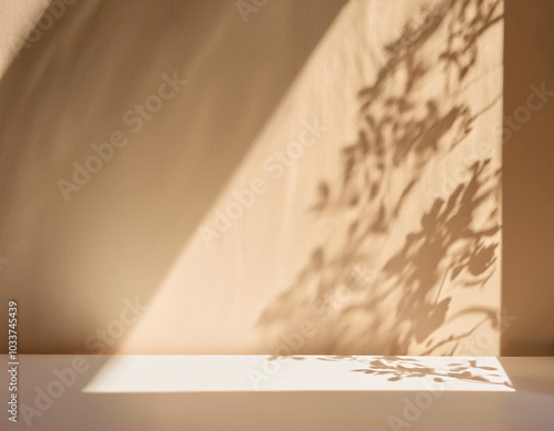 Obraz na płótnie Background image for design or product presentation, with a play of light and shadow, in light, warm neutral tones w salonie