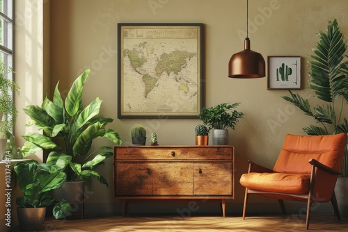 Retro interior design of living room with stylish vintage chair and table, plants, cacti, personal accessories and gold mock up poster frame on the beige wall. Elegant home decor, Generative AI