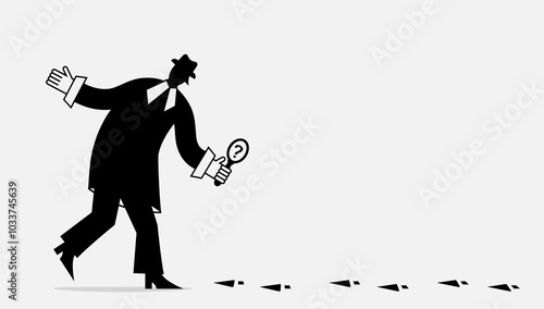 Person in hat and business black suit with magnifying glass looks at own footprints. Concept of finding and analyzing own mistakes. Detective, inspector, employee. Vector flat illustration.