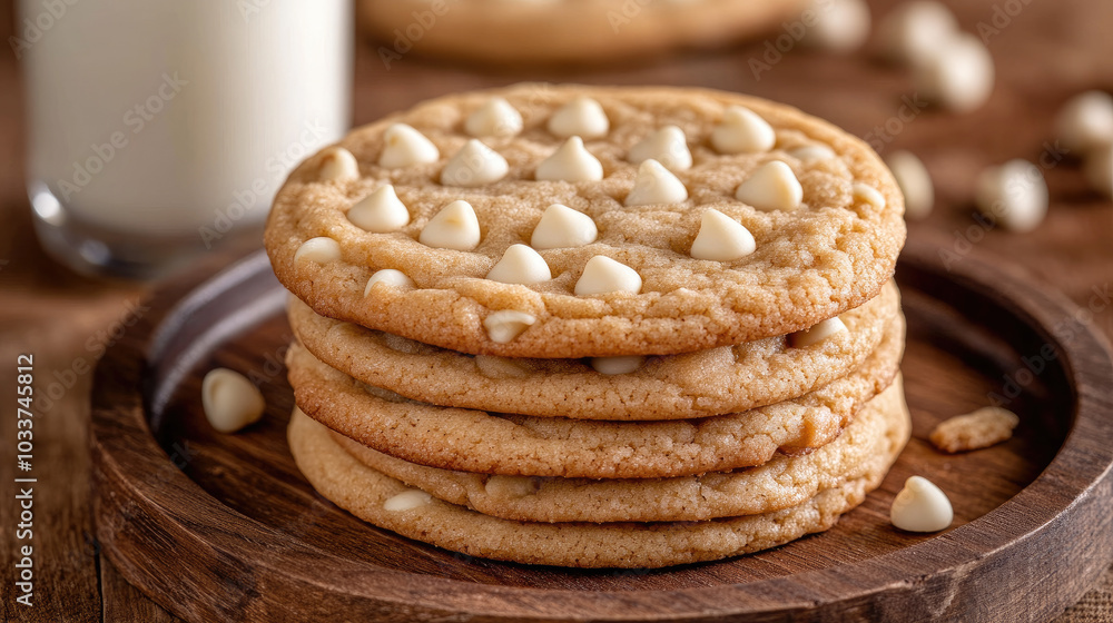 Stack of cookies with white chocolate chips on a wooden plate, with a glass of milk in the background. Rustic table setting. --chaos Stack of cookies with white chocolate chips on a wooden plate, with a glass of milk in the background. Rustic table setting. --chaos