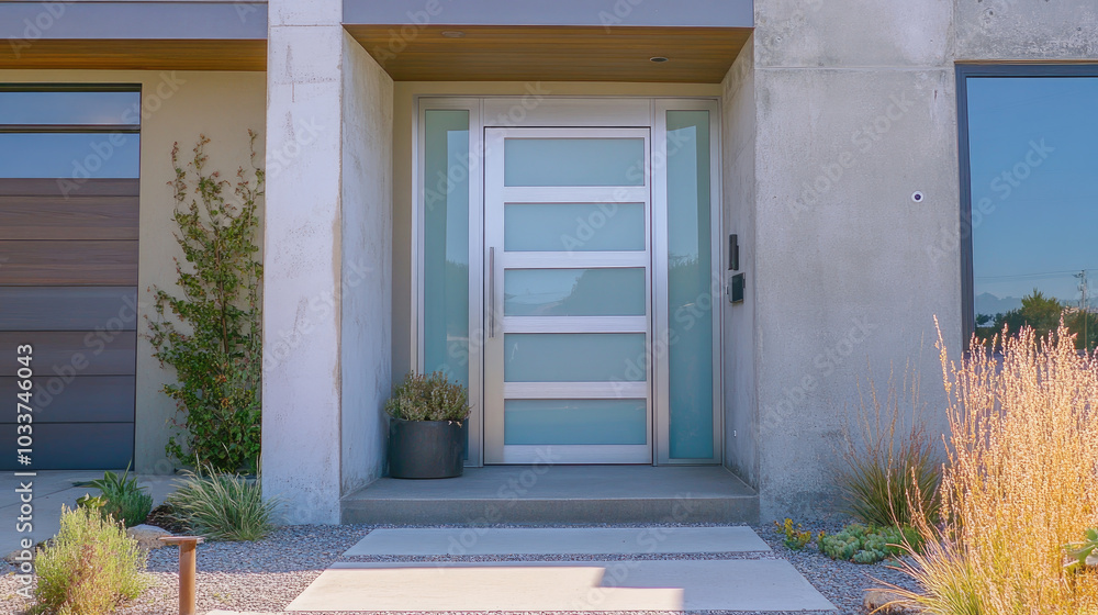Stylish aluminum door with frosted glass panels for privacy, set in a modern exterior with clean architectural lines --chaos Stylish aluminum door with frosted glass panels for privacy, set in a modern exterior with clean architectural lines --chaos