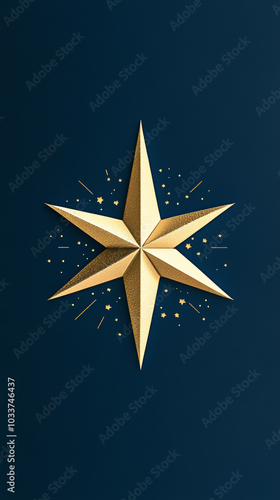 single gold star shines brightly on navy blue background, surrounded by small sparkles and lines, creating sense of elegance and celebration. single gold star shines brightly on navy blue background, surrounded by small sparkles and lines, creating sense of elegance and celebration.