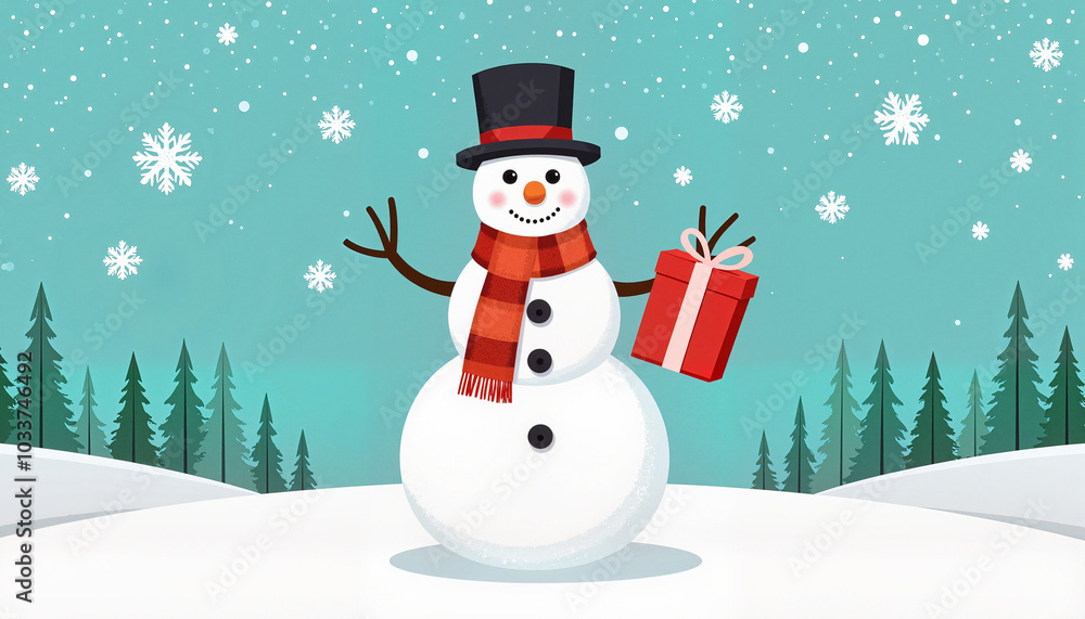 Snowman holding a gift box in snowy forest with snowflakes Snowman holding a gift box in snowy forest with snowflakes