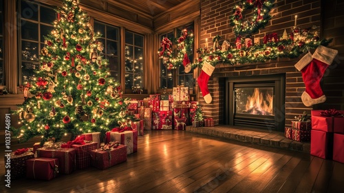 Celebrate Christmas indoors with a warm fireplace, a glowing tree, and presents galore, creating a magical atmosphere.