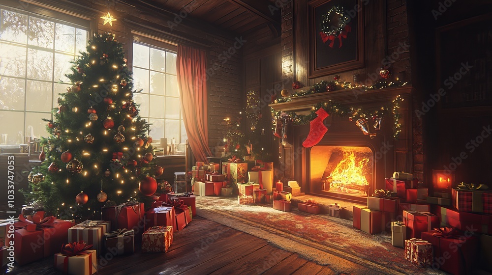 Celebrate Christmas indoors with a warm fireplace, a glowing tree, and presents galore, creating a magical atmosphere. Celebrate Christmas indoors with a warm fireplace, a glowing tree, and presents galore, creating a magical atmosphere.