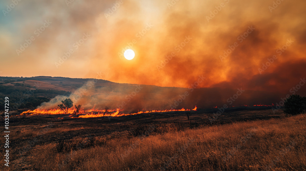 The sun setting behind a wildfire, with the sky tinted orange and red from the smoke, creating a dramatic and apocalyptic atmosphere. --chaos The sun setting behind a wildfire, with the sky tinted orange and red from the smoke, creating a dramatic and apocalyptic atmosphere. --chaos
