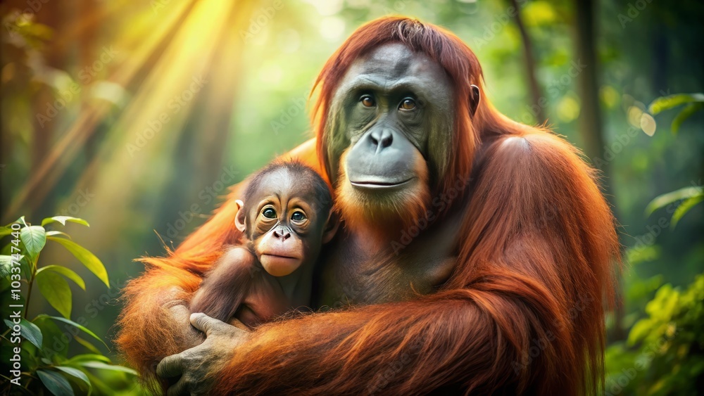 Obraz premium Heartwarming Moment of an Orangutan Mother Nurturing Her Baby in Lush Rainforest Setting, High Depth of Field, Wildlife Photography, Endangered Species, Nature Conservation, Family Bonding