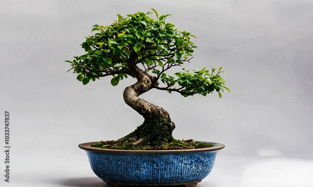 A bonsai tree with green leaves and a twisted trunk in a blue ceramic pot. A bonsai tree with green leaves and a twisted trunk in a blue ceramic pot.