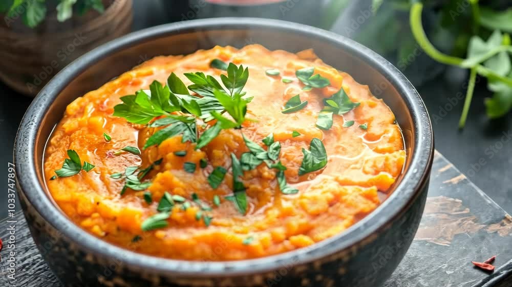A bowl of steaming lentil soup topped with fresh parsley sits on a wooden surface A bowl of steaming lentil soup topped with fresh parsley sits on a wooden surface